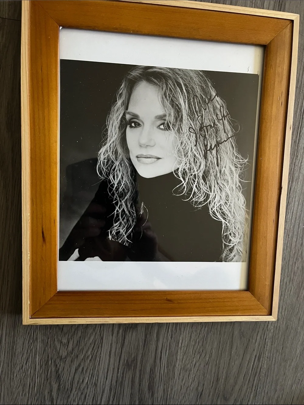 Wood Frame Wall Photo Frame in Natural Brown with autograph of Dyan cannon